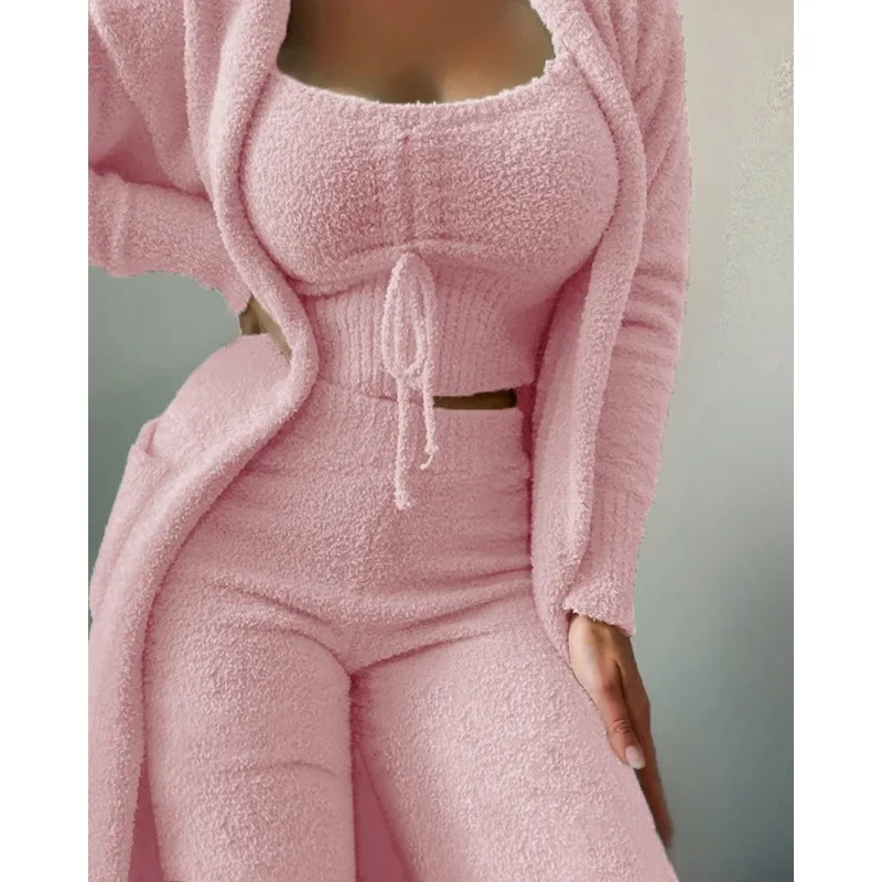 Damski 3-częściowy zestaw Homewear Jesień Zima Teddy Velvet Crop Top + Cardigan Coat + Pants Suit Lingerie Set Loungewear Outfits