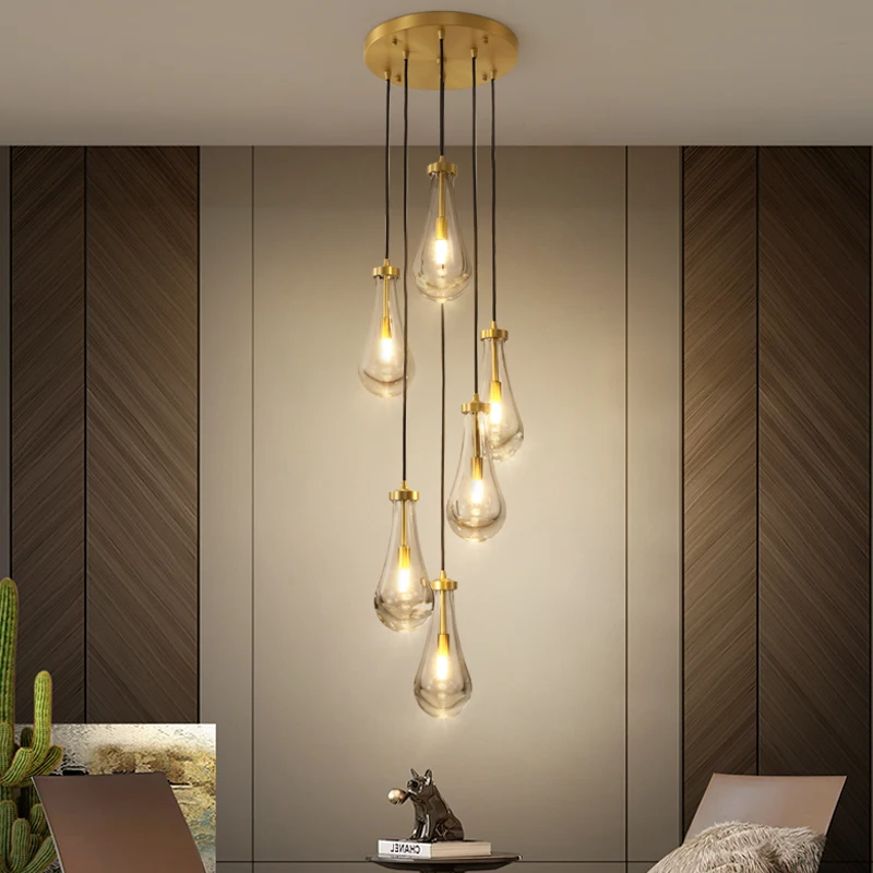 

All-Copper Duplex Loft Long Chandelier Designer Light Luxury Bottle Spiral Staircase Restaurant Bedroom Bedside Lamp Pendant