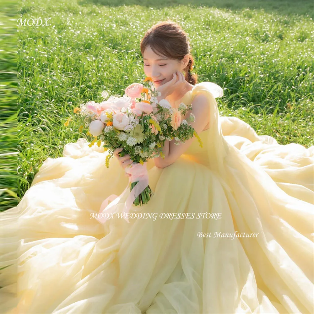 MODX Fairy Light Yellow Tulle Evening Dresses Korea Wedding Photo shoot Adjust Straps Sweep Train Prom Gowns Corset Back