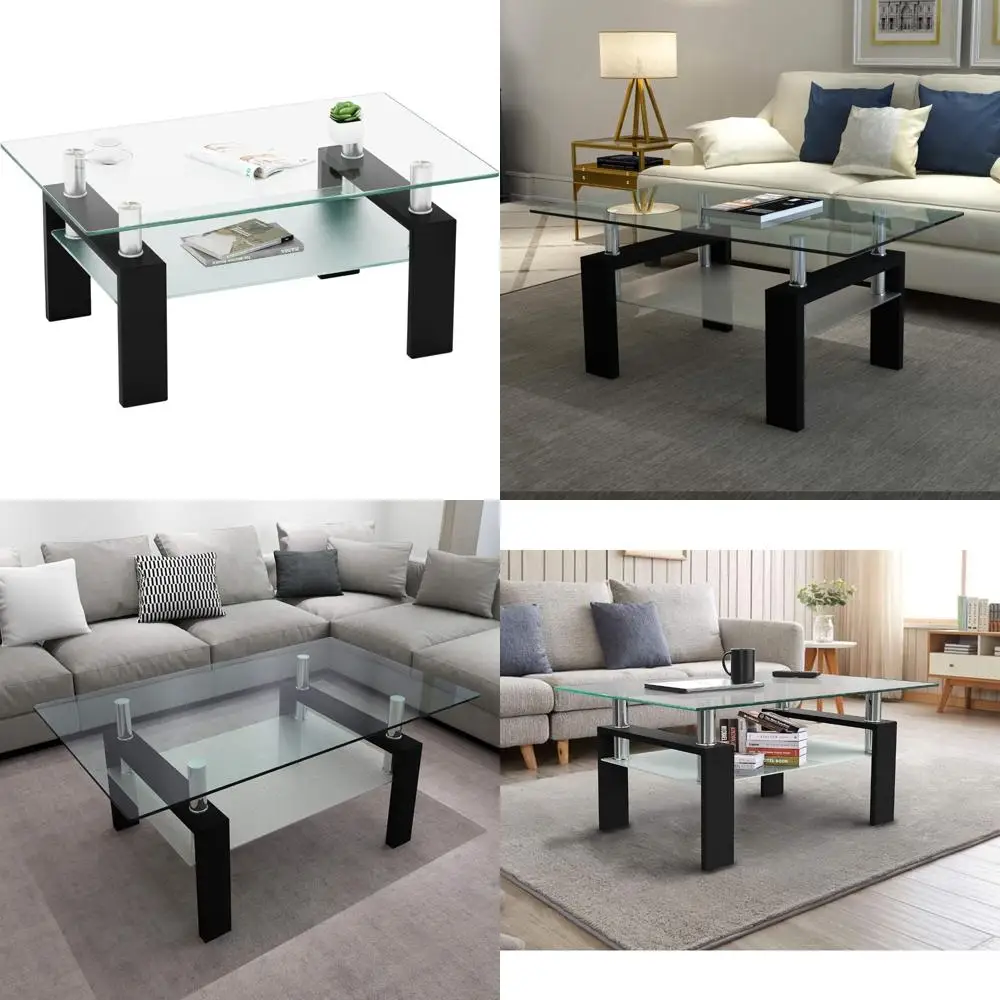 

Rectangle Glass Coffee Table with Metal Legs for Living Room, Sleek and Modern Design
