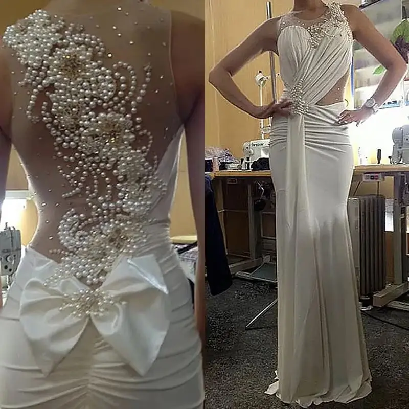 

Pearls Beaded Sexy White Evening Dresses Pleats Sheer Back Sleeveless Long Elegant Prom Formal Wear Customized