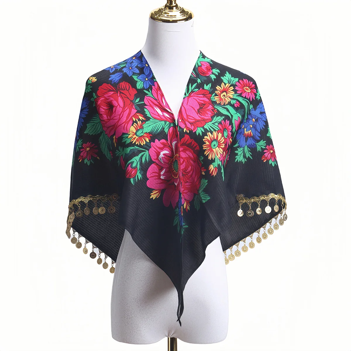Sparkling Golden Pieces Tassel Shawl Luxury Floral Print Triangle Scarf Lady Pareo Bandana Headband Scarves Female Head Wraps view 4