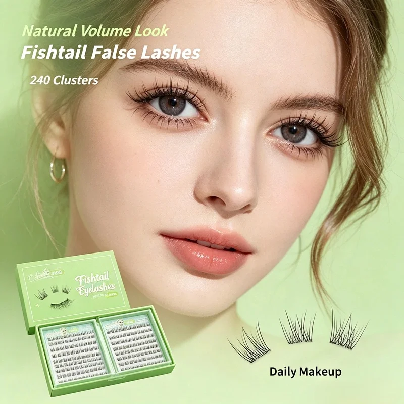Self Adhesive Fishtail Lash Clusters, No Glue False Eyelashes, 240 Clusters Wispy Segmented Lashes 10-12mm Natural Daily Makeup