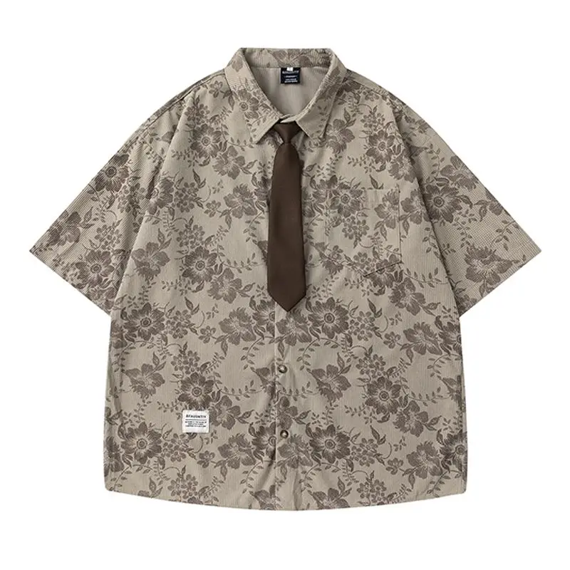 BEIANJI 2025 new men clothing American retro corduroy floral short-sleeved shirt men's summer loose couple tie shirt for mens
