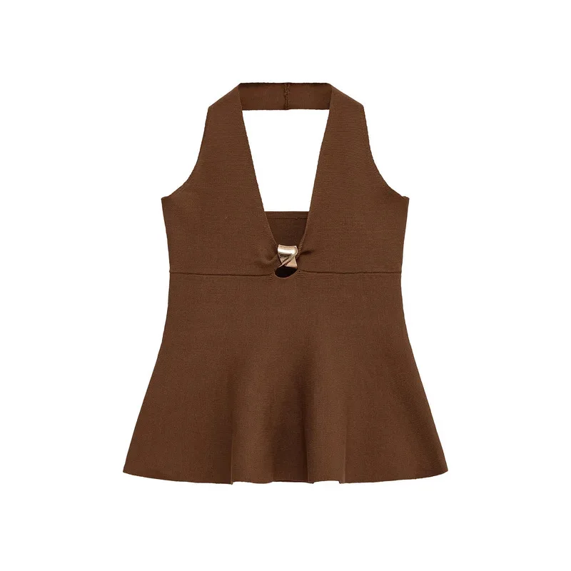 

Vintage Brown Halter Neck Backless Pleated Sleeveless Tank Top for Women Casual Retro Summer Fashion Holiday Top