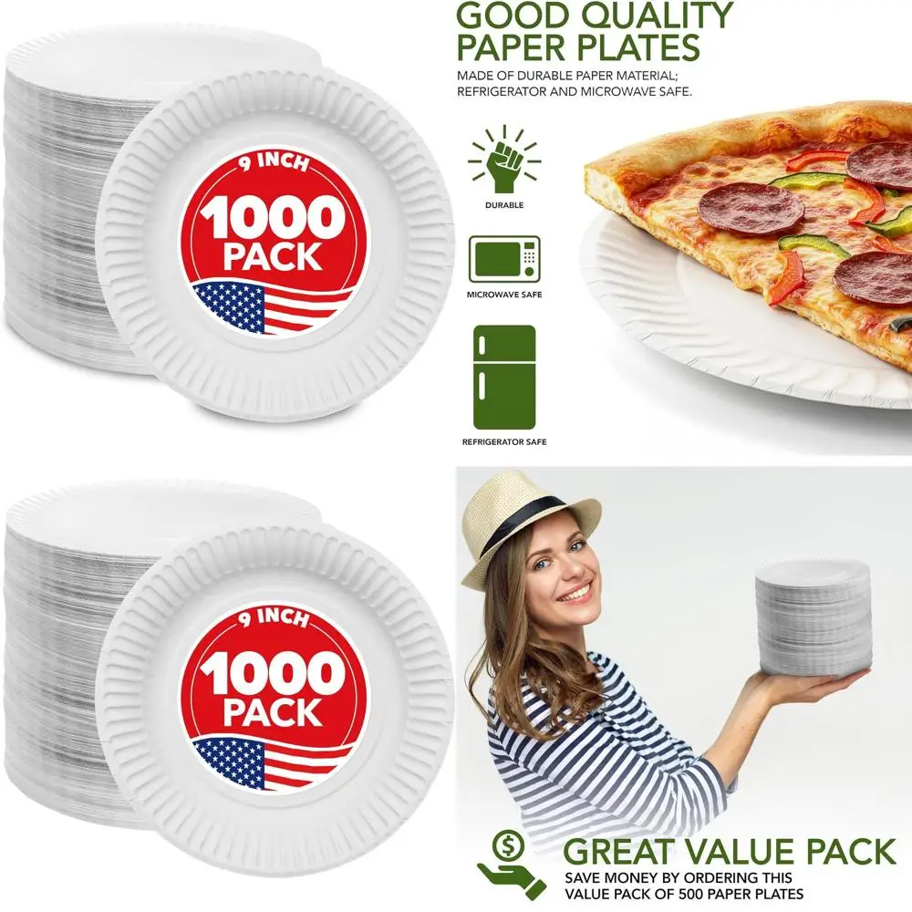 

9 Uncoated White Paper Plates, Bulk Pack of 1000 Disposable Plates for Everyday Use