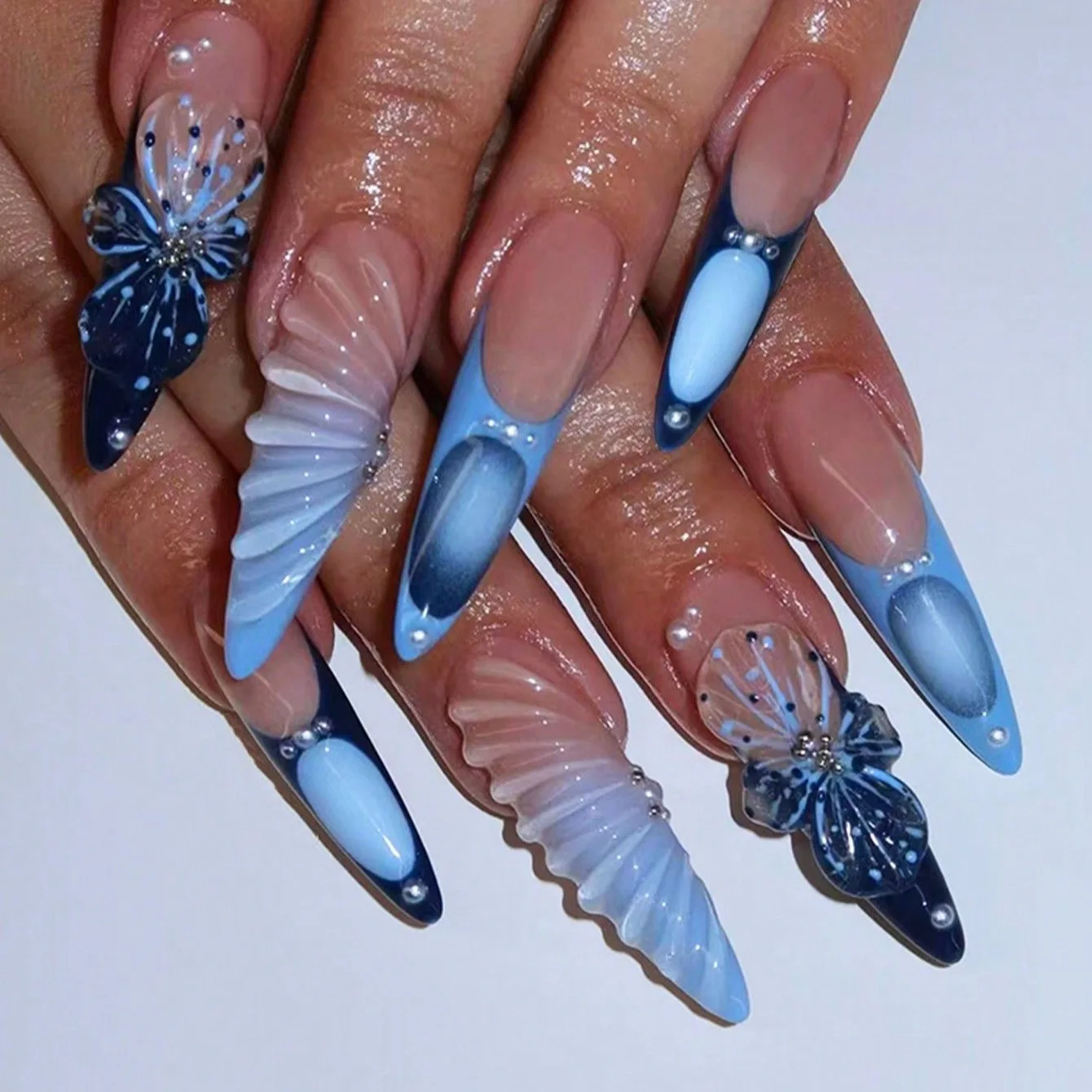 24 قطعة طويلة خنجر الصحافة على الأظافر مجموعات الوردي زهرة تصميم اللوز الأظافر كاذبة مع خطوط ذهبية وهمية مسمار Datachable مانيكير #4