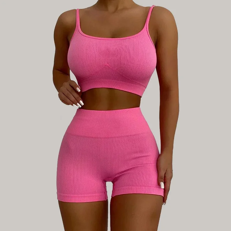 

KEXU Casual Sports Soild Two Piece Set Women Sexy Camisole Crop Top Bikers Shorts Pants Suit Elastic Summer Outfit Tracksuit