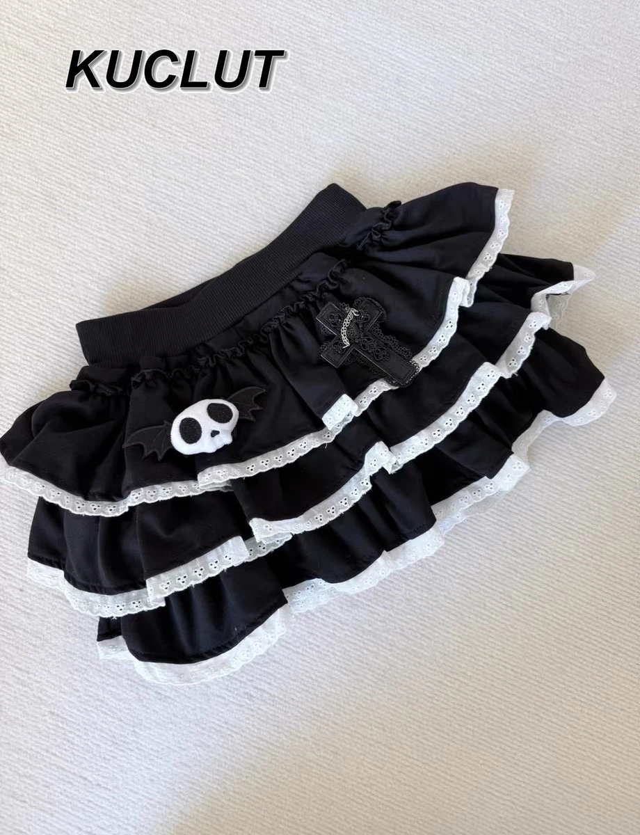 

Japanese Style Summer Cute Versatile Cake Puff Casual Skirts for Women Vintage Fashion Girl Solid Color Black Short Skirt Femme