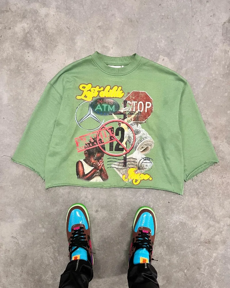 Y2k TOP High Street TREND อะนิเมะพิมพ์เสื้อยืดผู้หญิงใหม่ Cropped แขนสั้น Goth Harajuku แฟชั่น Casual เสื้อกันหนาวขนาดใหญ่