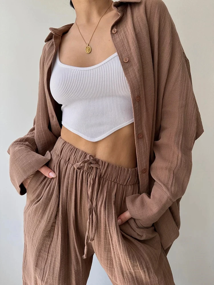 Loungewear Women Pjs Buttons Shirt Loose Soft Wide Leg Trousers Home Suit Two Piece Set for Women Outfits Casual Tracksuit