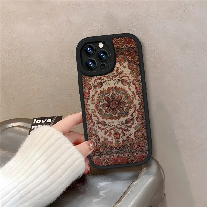 Persian Carpet Floral Pattern Phone Case Black For IPhone 11 14 13 12 Pro Max Mini Xs X Xr 7 8 Plus SE2020 Leather Texture Coque