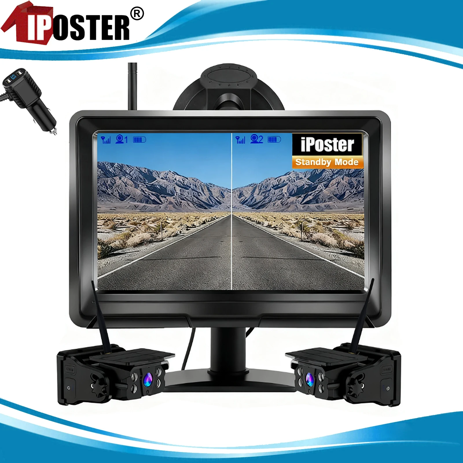 

iPoster Wireless Solar Magnetic Backup Reverse Camera With Car Wireless 5" Monitor 2 Ch Splitscreen For Truck Trailer RV