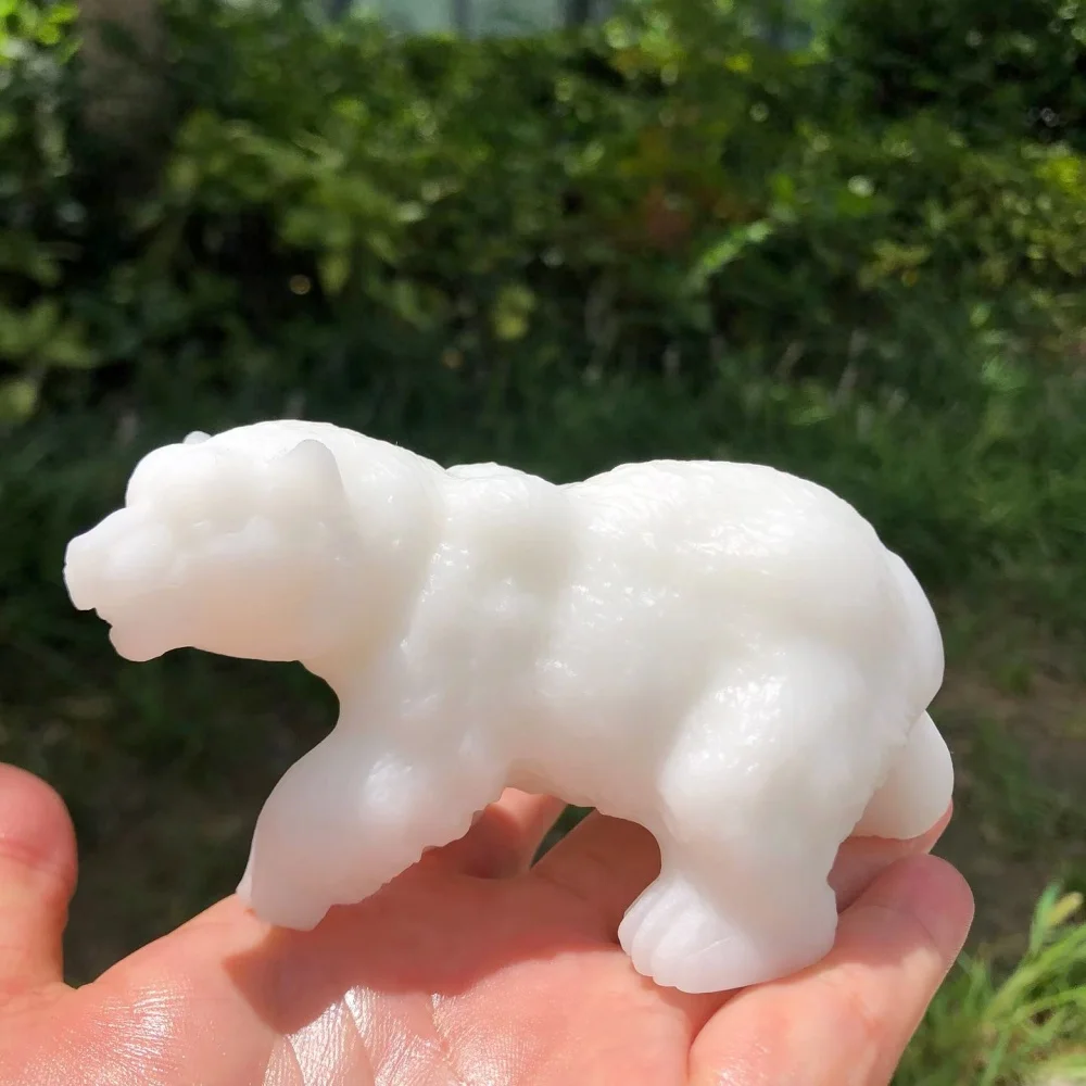 11cm Natural White Jade Polar Bear Statue Crystal Bear Figurine Healing Gemstone Animal Sculpture Home Desktop Decor Gift
