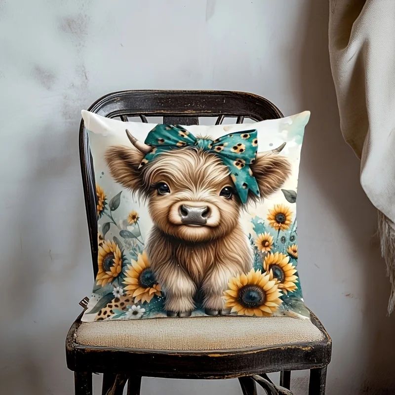 1pc Highland Cow Sunflower Bow Throw Pillow Cover,Suitable for Sofa,Bedroom,Living Room,Heartwarming Gift for Farm Animal Lovers