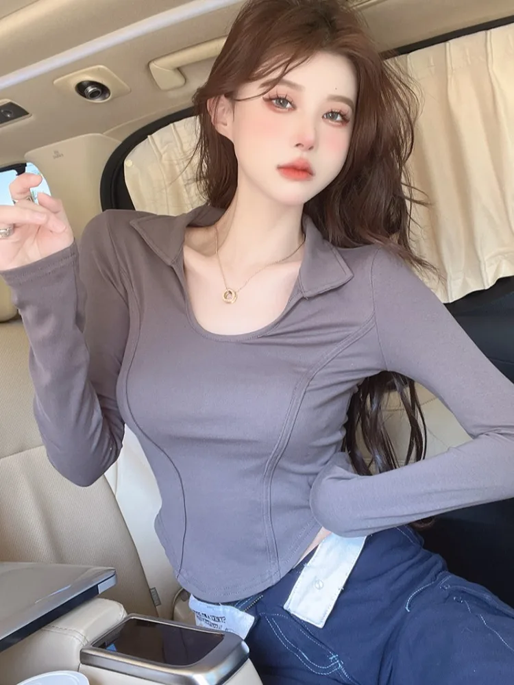 

Sexy Slim Fit Base Shirt Korean Design Irregular Hemline Women's Fashion Autumn Top Short Length Commute Style Pure Color