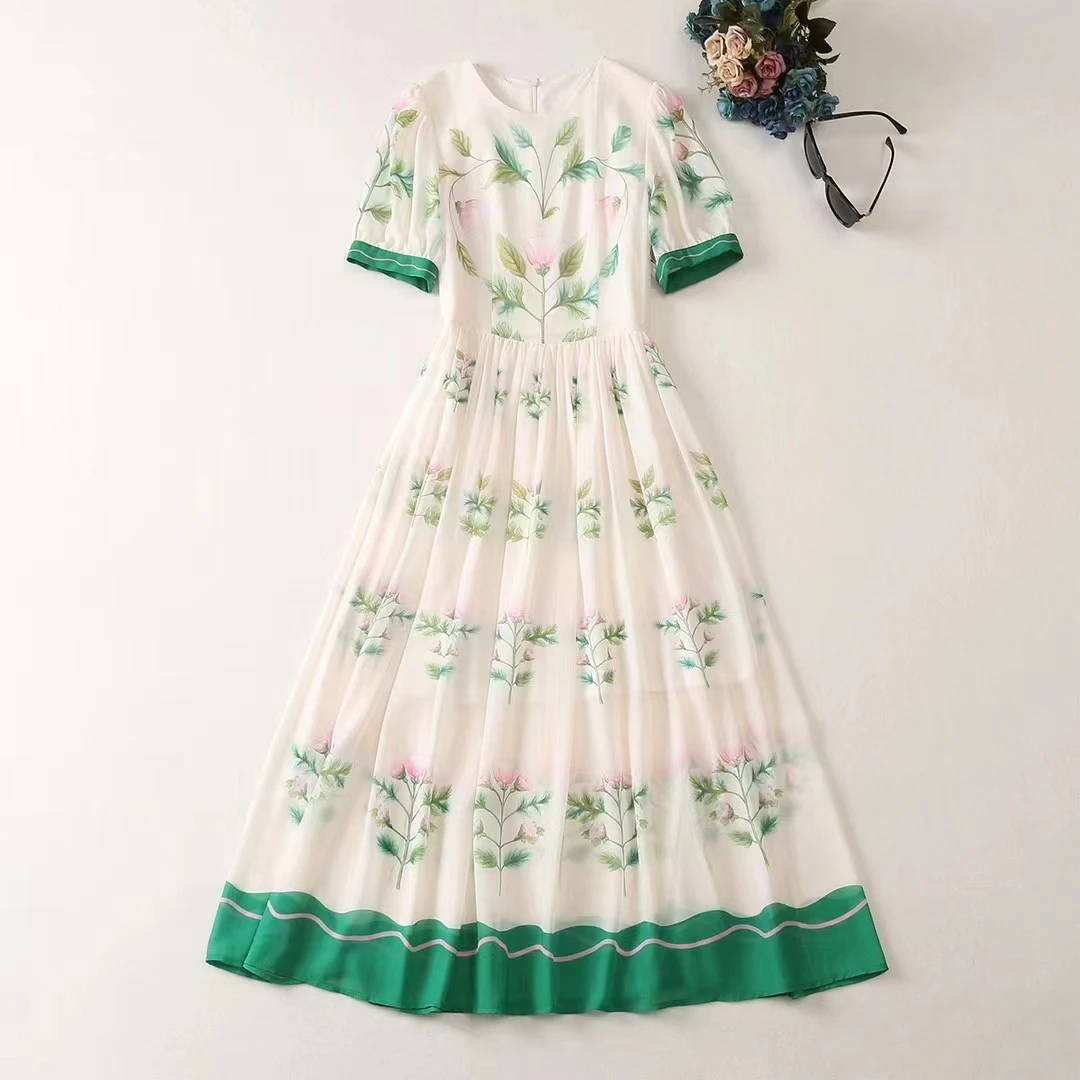 

European and American women's clothes 2023 summer new Short sleeve Round neck Splice green printing fashion Pleated Dress XXL