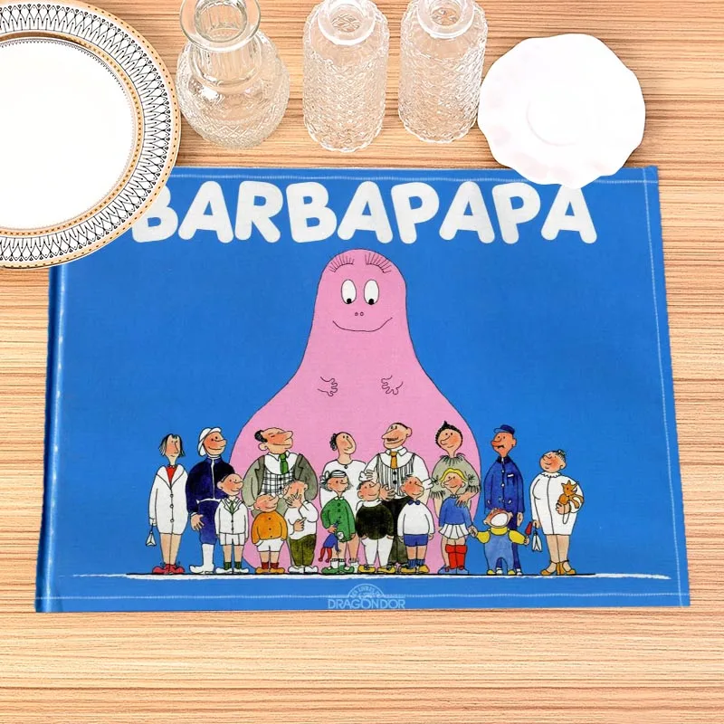 Barbapapa Cartoon Pattern Placemat Cotton Linen Fabric Table Mats Family Dinner Tableware Kitchen Size 30X40cmTable Mat