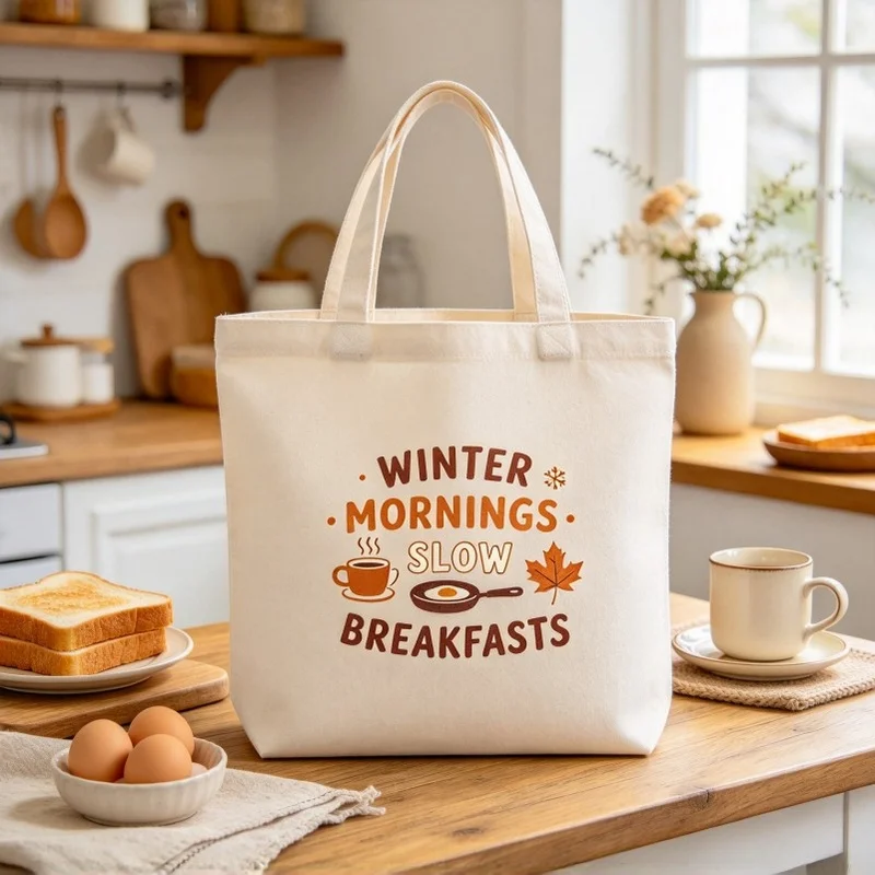 Winter Breakfast Coffee Canvas Tote Bag Retro Letter Maple Snowflake Print Casual Reusable Women Shoulder Shopping Bag