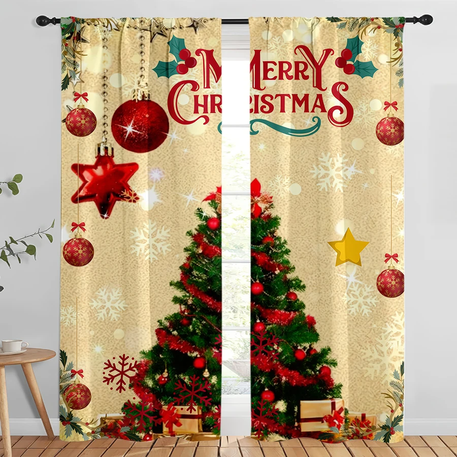 2PCS Christmas Digital Print Curtains, Merry Christmas Tree Ornaments Stars Gifts, Festive for Living Room Bedroom Window Decor