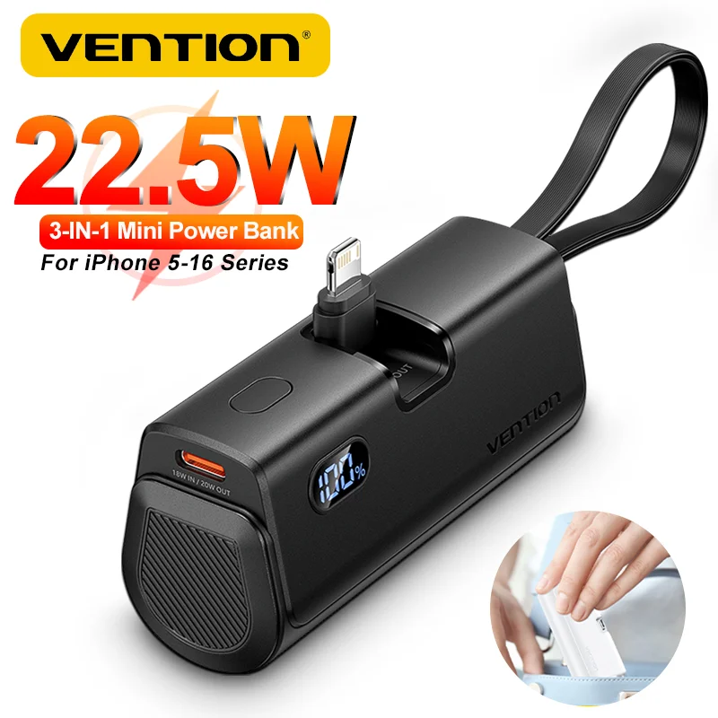 Vention Power Bank 3 in 1 Fast Charging Mini Powerbank Portable External Battery 4800mAh 22.5W PD Charger for Iphone Smart Phone