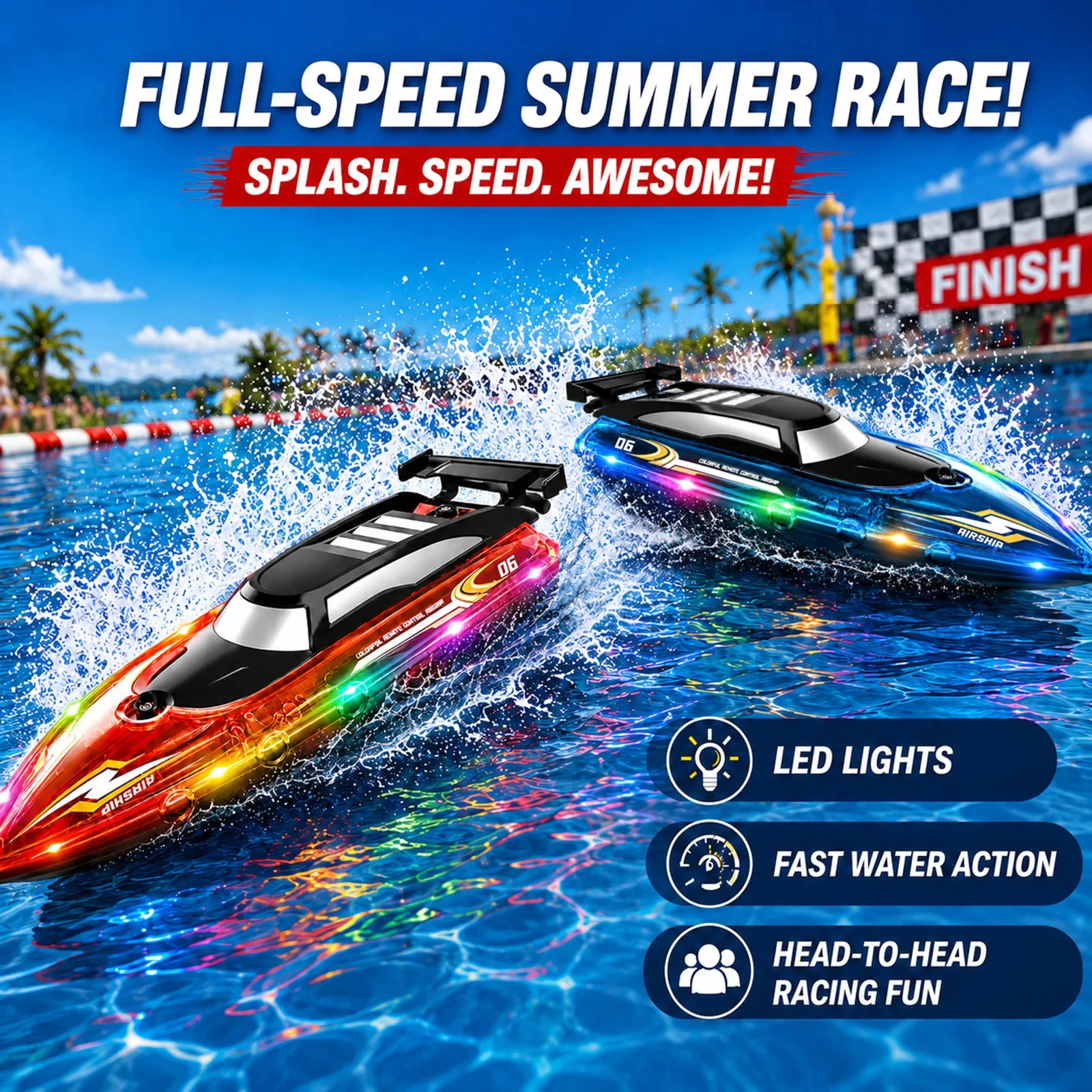 2.4GHz Light Remote Control Boat Medium High-Speed Speedboat Sailing Boat Model Electric Birthday Yacht Kids Outdoor Toy Gift