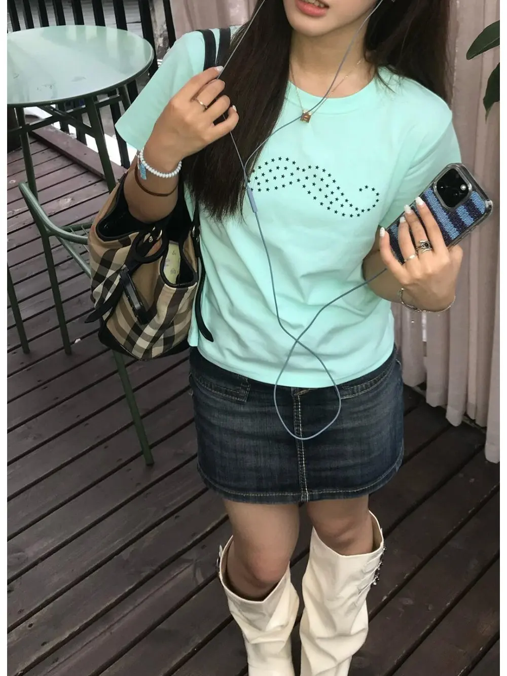 2026 new summer fresh green star mustache printed round neck short sleeved T-shirt top for casual and versatile vacation dates