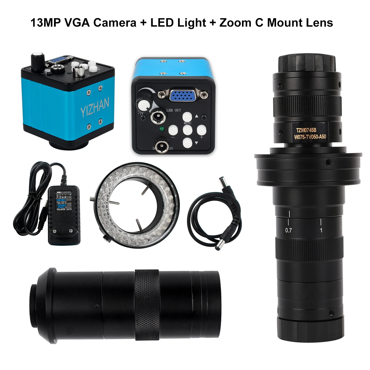 Industrial Digital 13MP 1080P VGA Camera Microscope Camera + 130X Zoom 0.7-4.5X 180X Adjustable Zoom C Mount Lens LED Ring Light