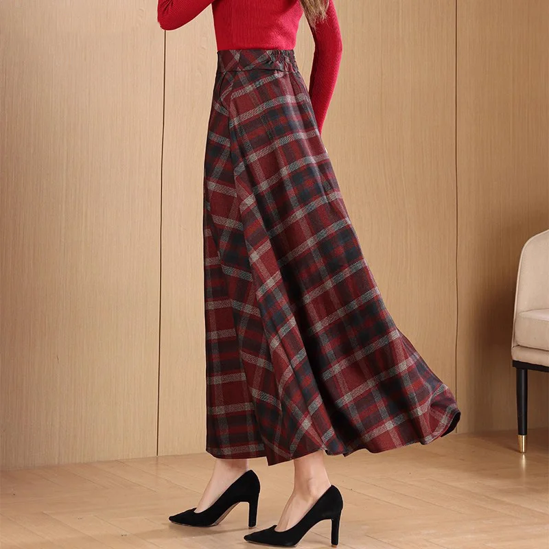 신상 여성 심플 체크 롱 스커트 가을 패션 하이웨이스트 A라인 쉬운 매치 스커트 대비 색상 캐주얼 스커트 여성용