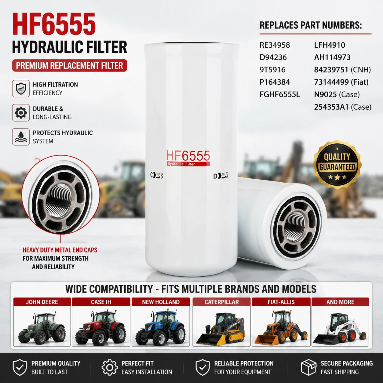 Filtro Hidráulico HF6555 Reemplaza a RE34958 D94236 9T5916 P164384 para John Deere 9100 9200 Case IH MXU130 New Holland Tractor