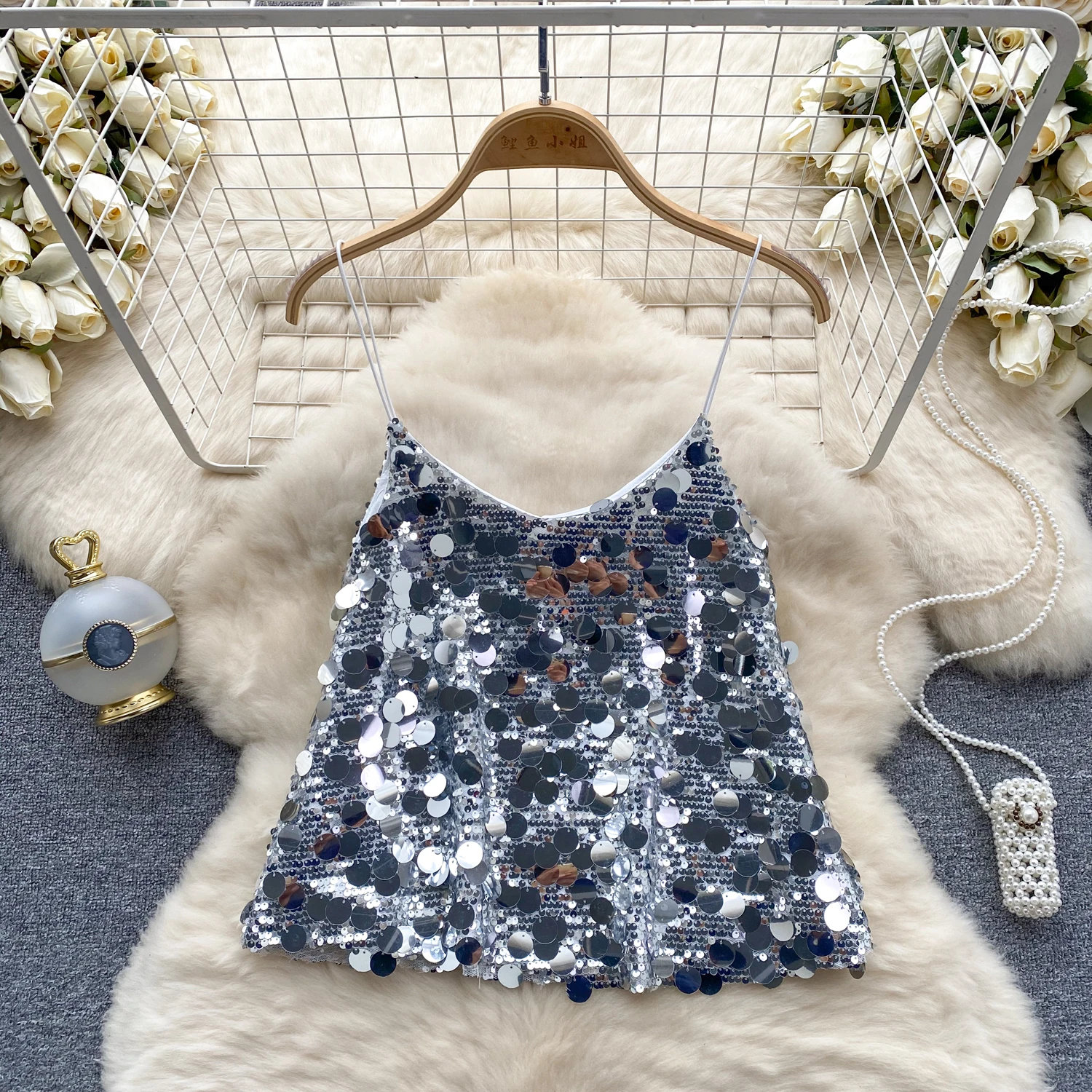 Sexy Glitter Sequined Camis Chic Slim Party Club Tank Top Basic Fashion Off Shoulder Tops Women Hotsweet Crop Top