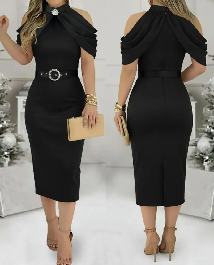 

Womens Dresses Chic Plain High Neck Party Dress with Cold Sleeves and Sparkling Rhinestones Decor Elegant Slim Fit Midi Dress