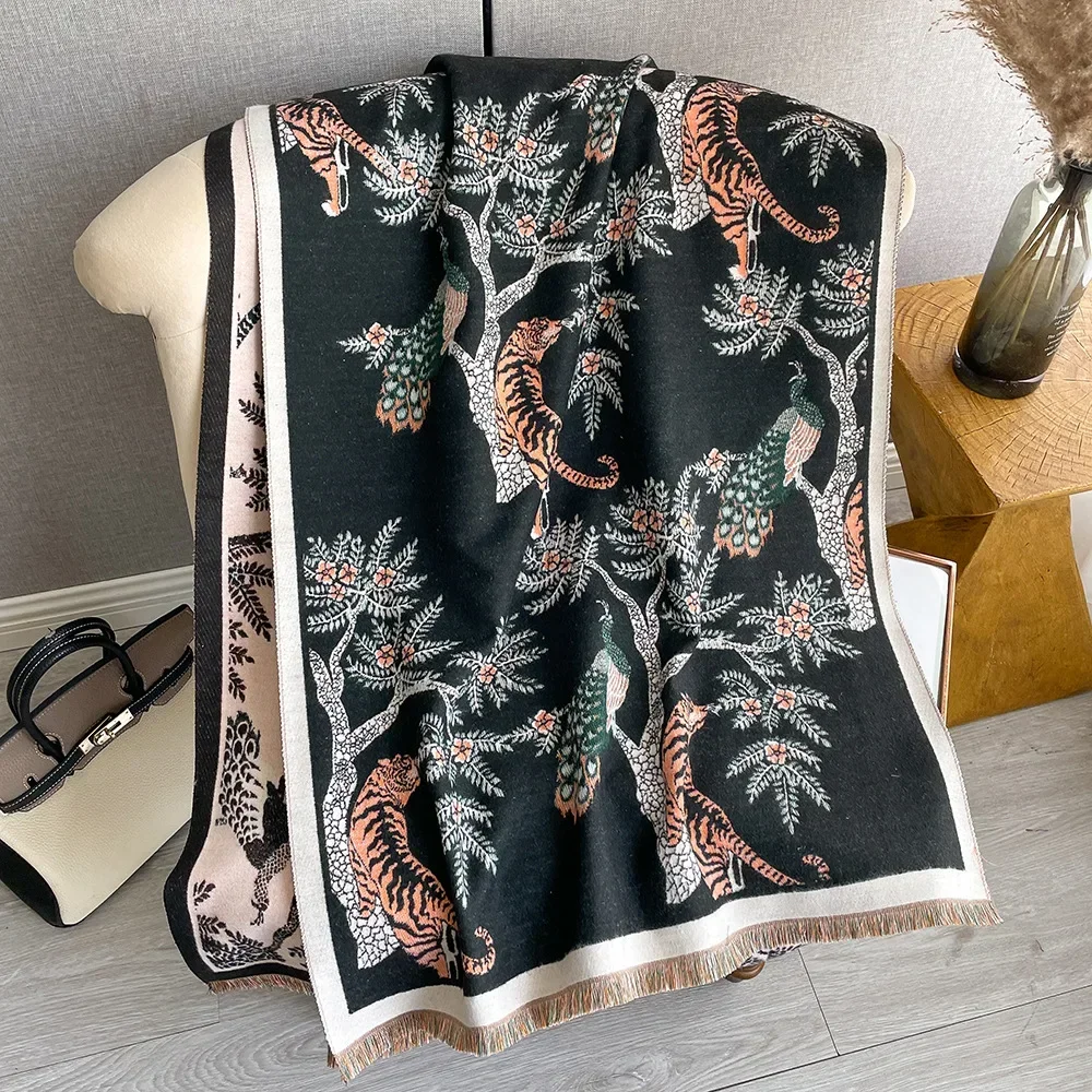 Thick Winter Poncho Women Scarf Luxury Floral Warm Shawl and Wrap Cashmere Pashmina Scarves Design Blanket Bufanda Echarpe 2023