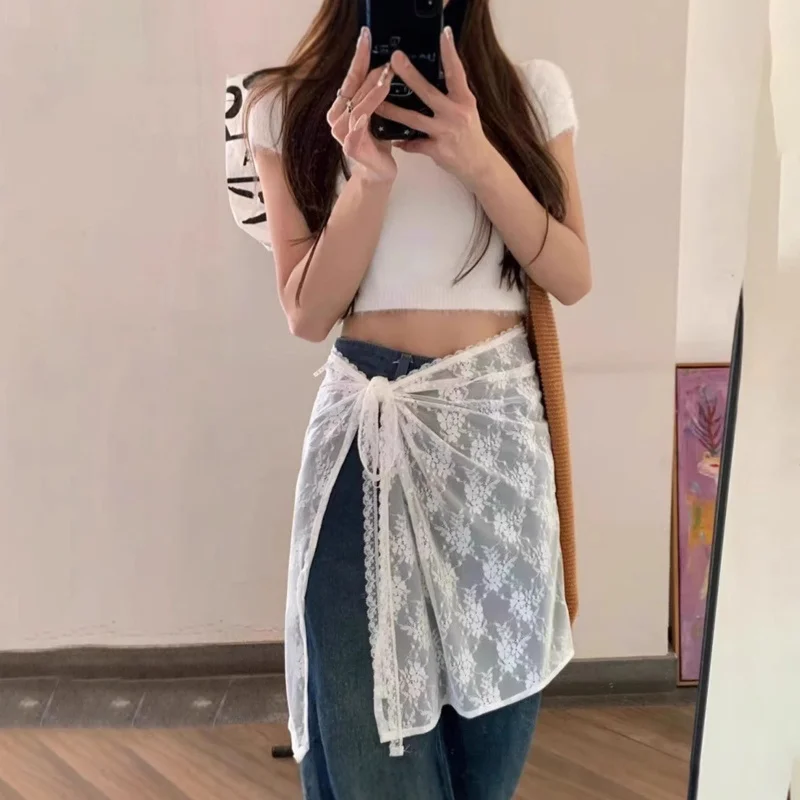 Falda delantal de encaje Y2k para mujer Falda midi de moda con lazo de cuerda Diseño versátil Accesorios de moda coreana