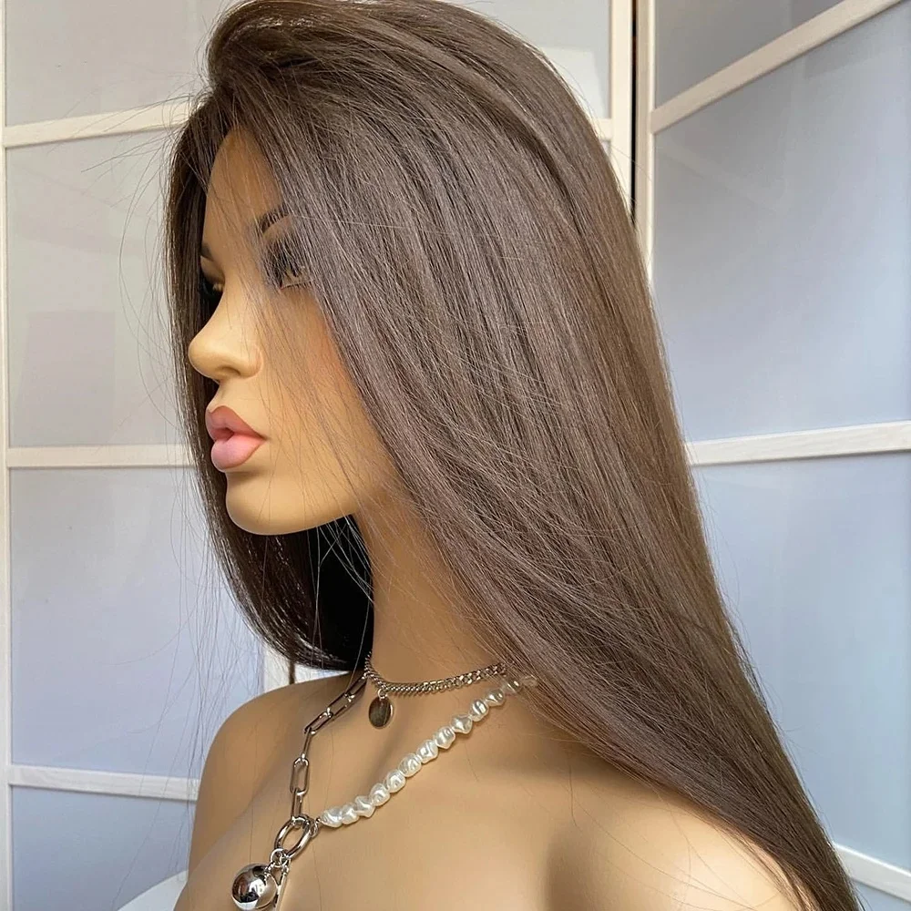 

24InchS Dark Brown Highlighted Front Lace Wig Natural Straight Balayage Brunette Glueless Synthetic Hair Daily Wig Wear and Go