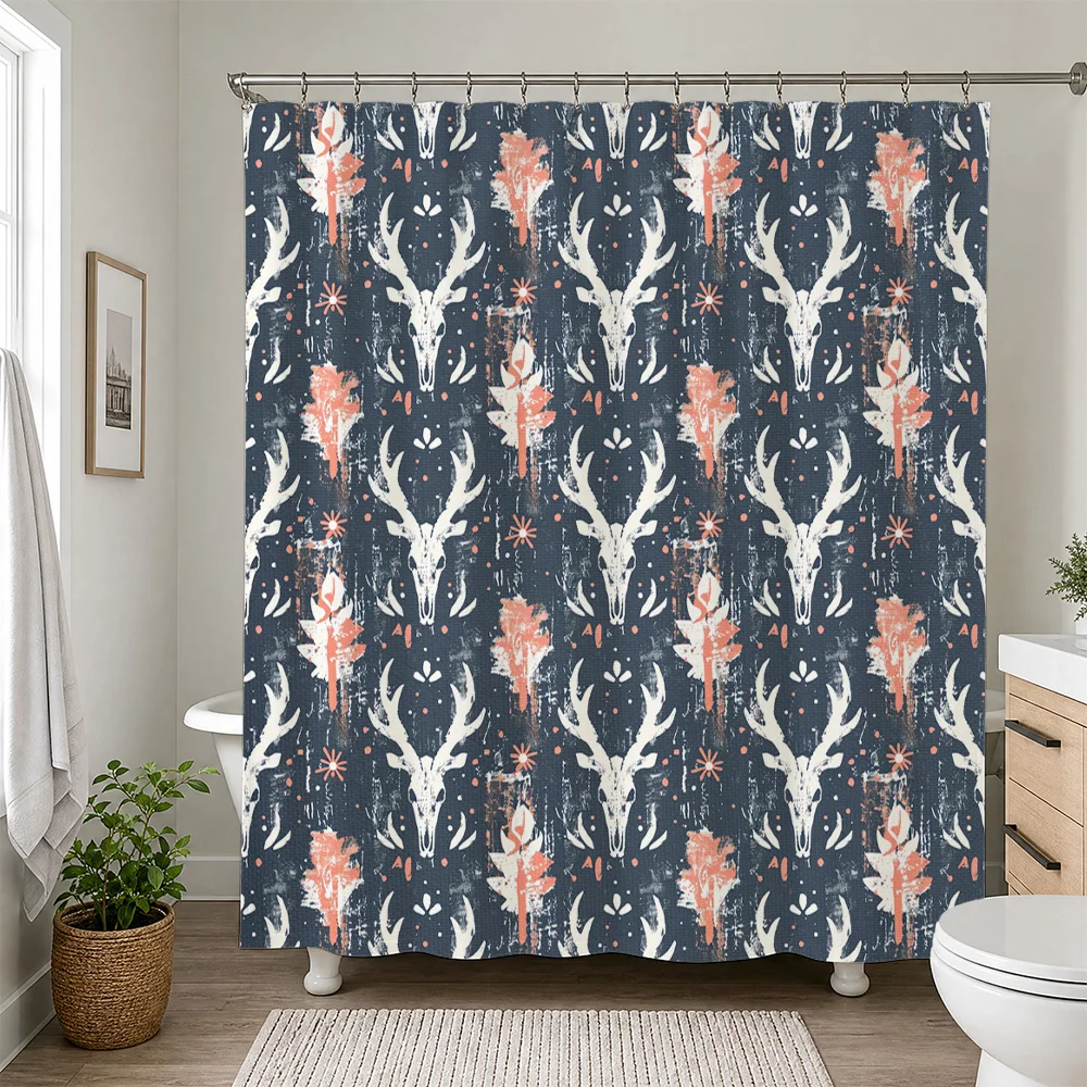 Waterproof Bathroom Shower Curtain Woodland Deer Antlers Pattern Navy Blue Rustic Farmhouse Decor Home Shower Screen Panel