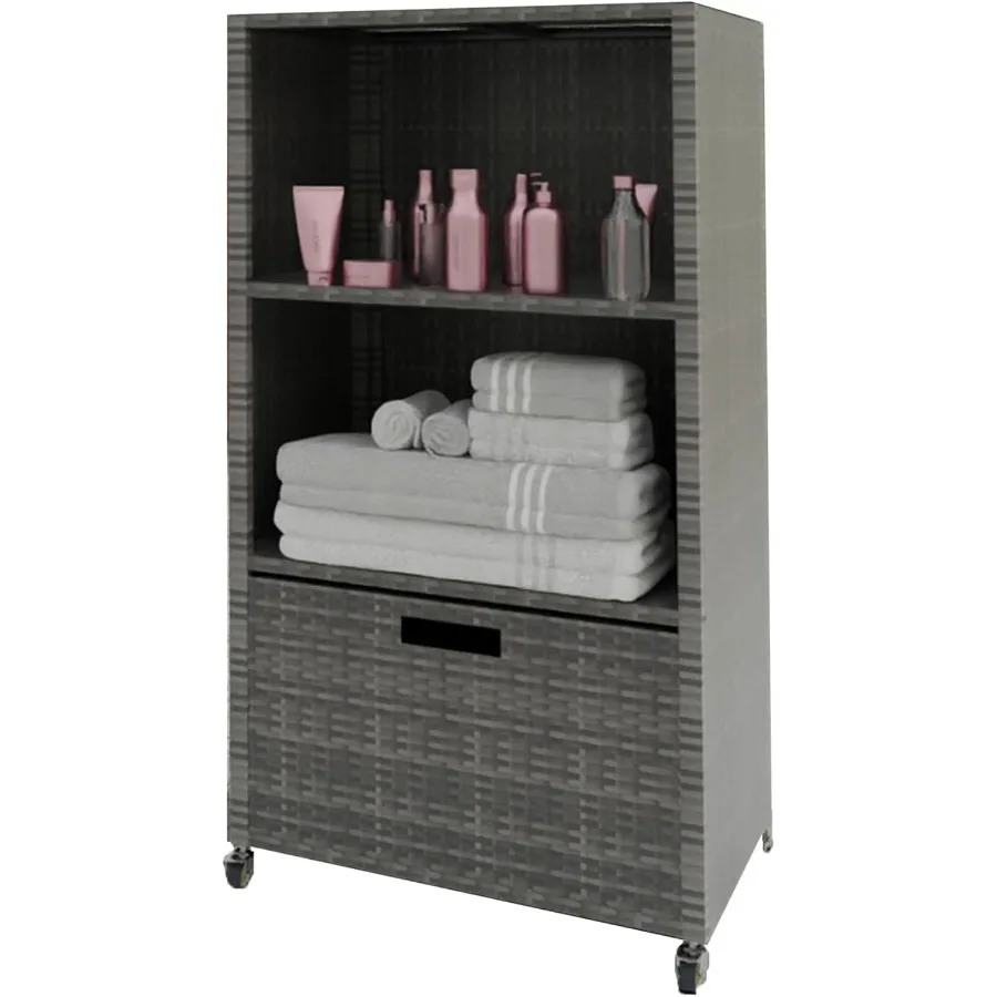 

Outdoor Pool Towel Rack Waterproof PE Plastic Rattan Wicker Storage Cabinet with Rolling Wheels for Hot Tub Spa Accessories Gre