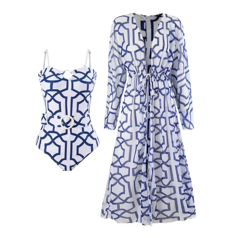 New printed one-piece swimsuit for women, two-piece set with long-sleeve cover-up, French retro style, floral pattern for hot sp