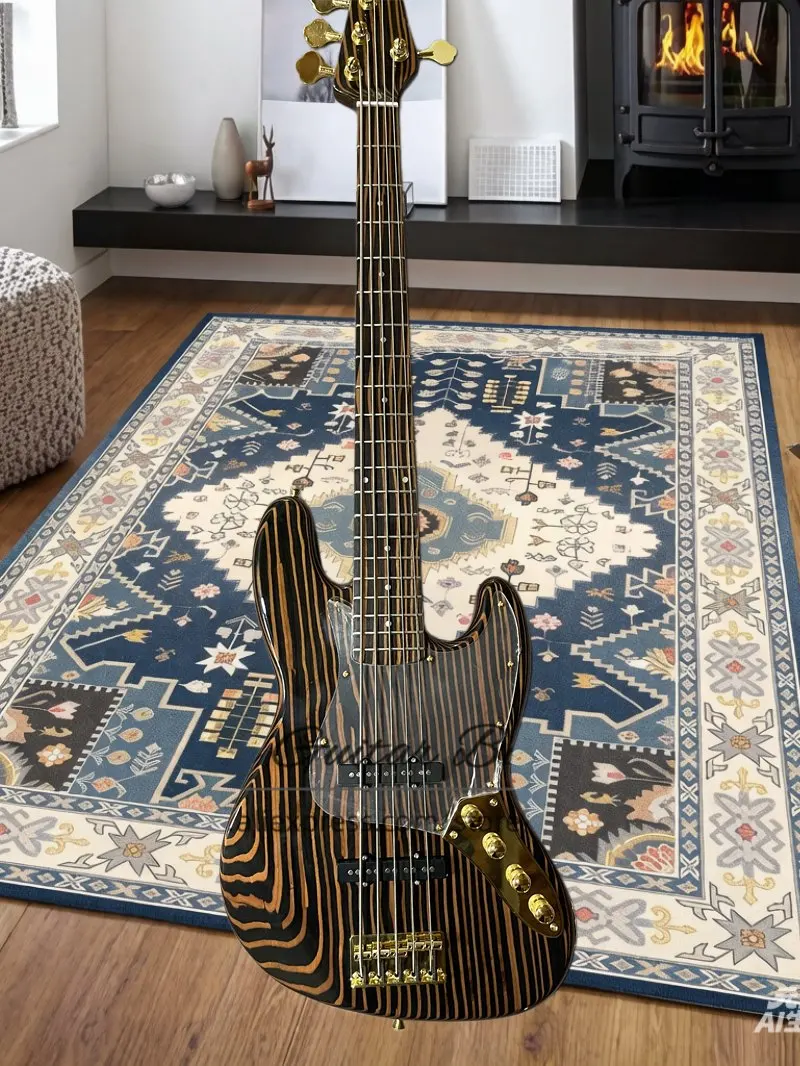 5 strings zebra wood bass guitar, solid wood body, zebra wood fingerboard, acrylic pickup shield, golden bridge, golden tuner