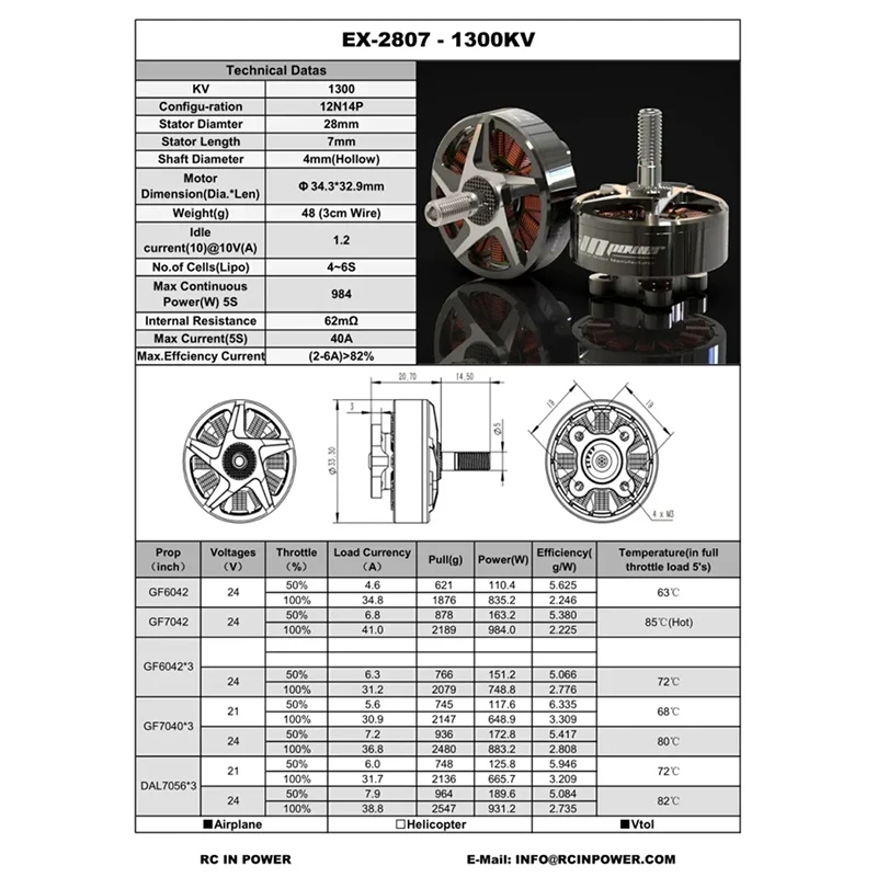 RCINPOWER EX2807 2807 1300KV 4-6S bezszczotkowy silnik Lipo do drona FPV o dużym obciążeniu 6-7 cali RC dalekiego zasięgu Cinelifter