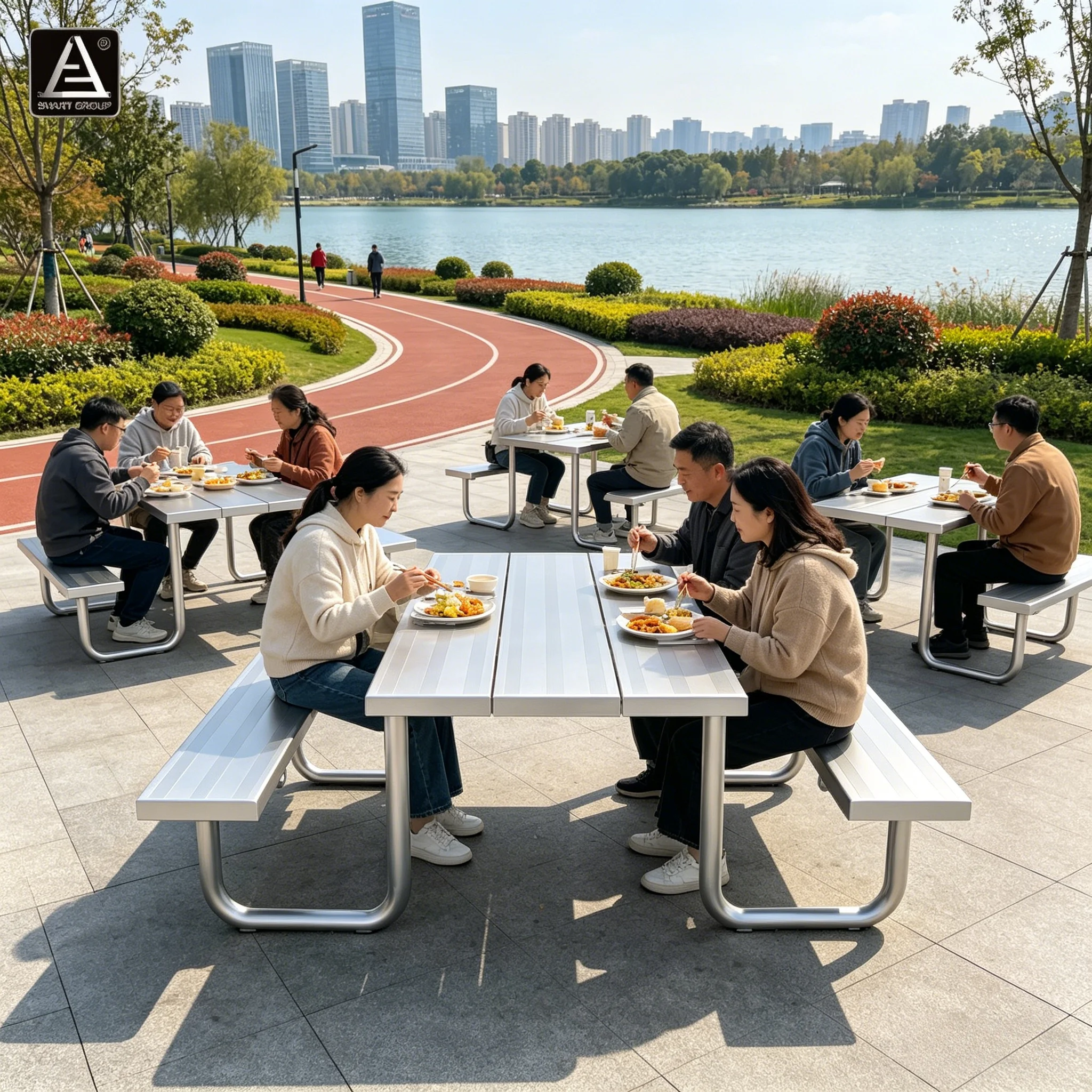

Communal Outdoor Garden Aluminum Bench Seating Camping Waterproof Patio Aluminum Dining Table Park Picnic Table And Chair Set