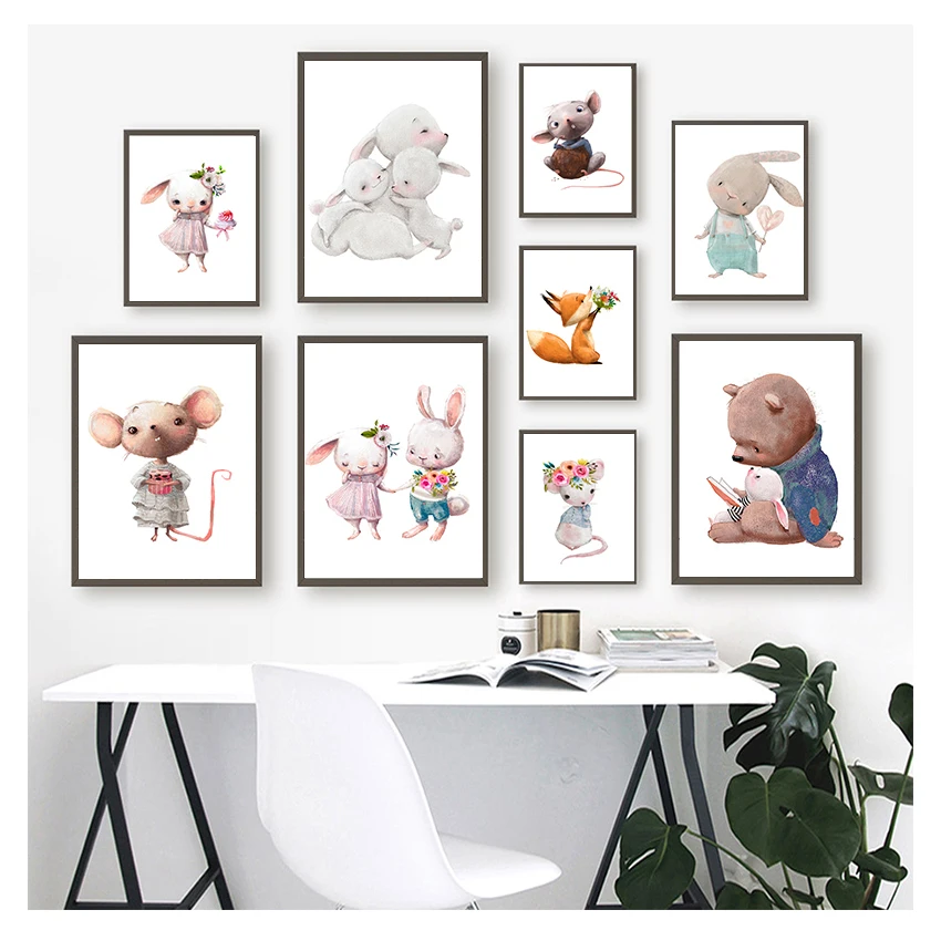 Bear Wall Art Canvas Painting Nordic Posters And Prints Wall Pictures Baby Kids Room Decor Flower Rabbit Friend Hug Fox Mouse