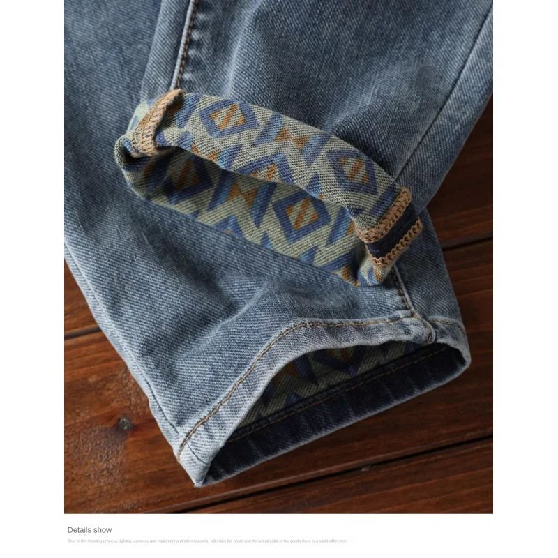 

Летние голубые джинсы, мужские эластичные маленькие ножки, стираная акварельная основа, маленькие ножки с принтом, брюки длиной девяти дюймов.