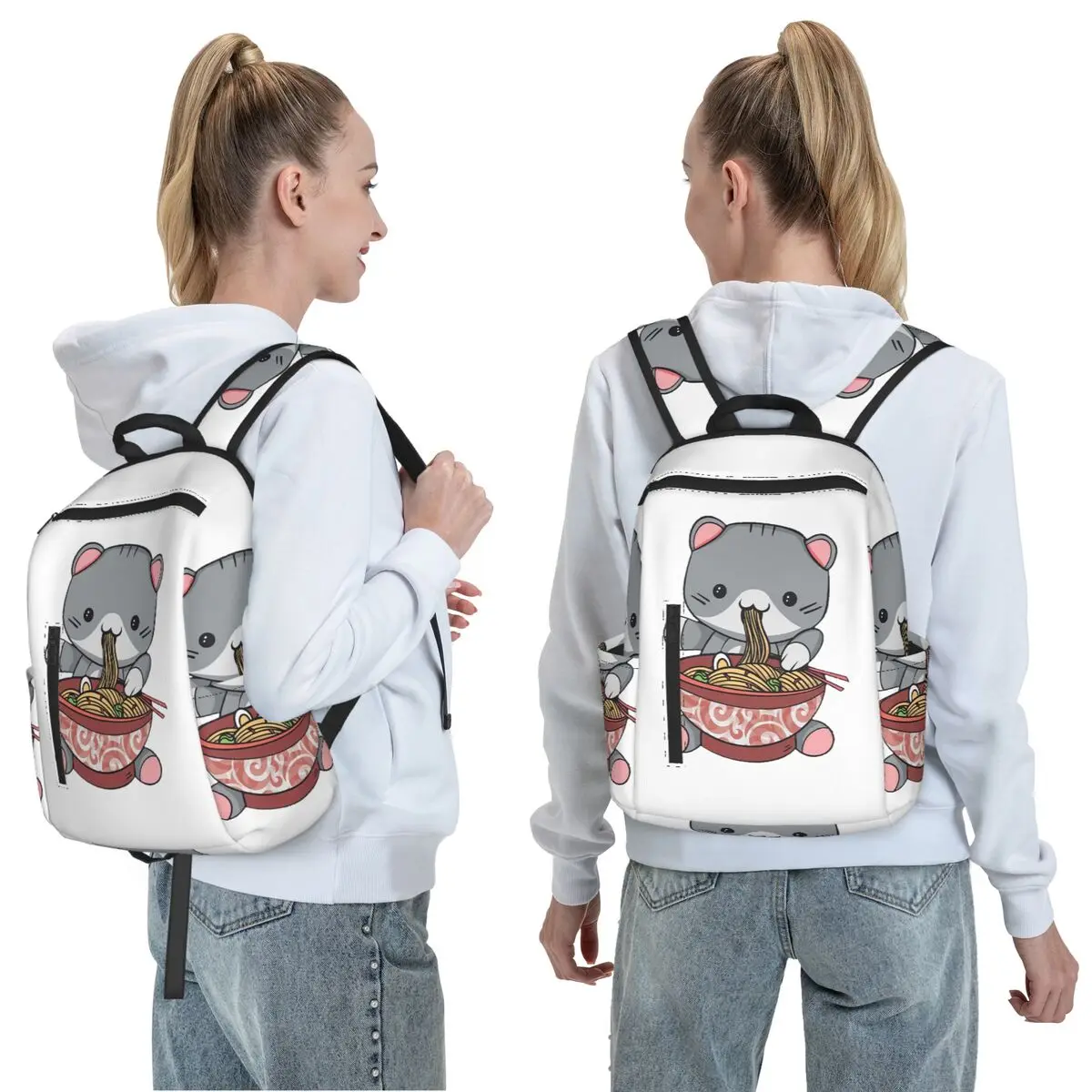 Kawaii Ramen Cat Backpack Daypack Large Capacity Children BookBag School Bag Shoulder Bags for Men Women