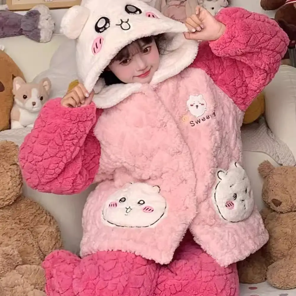 Kawaii Chiikawa Women's Pajamas Set Autumn Winter Coral Fleece Triple Layer Cotton Loungewear Thick and Warm Sleepwear Suit Gift