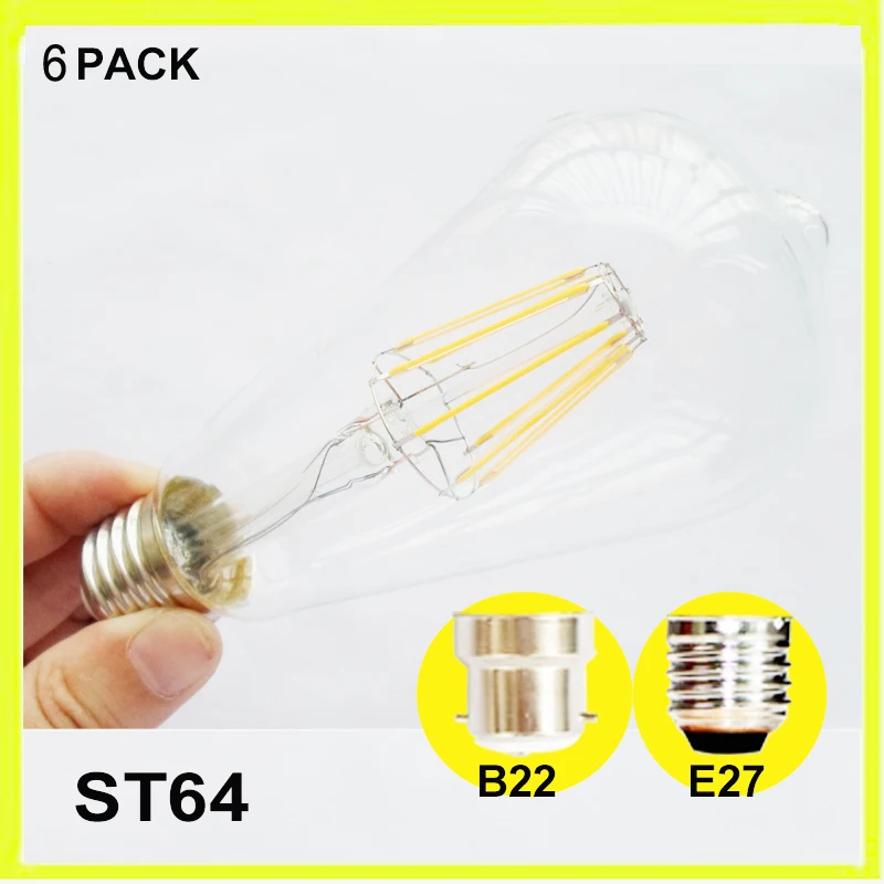 

120V 220V 230V 6 PACK 6W 8W LED Vintage Bulb ST64 ST19 Edison Filament Clear Glass Bombilla E27 B22 Bayonet 2 YEAR WARRANTY