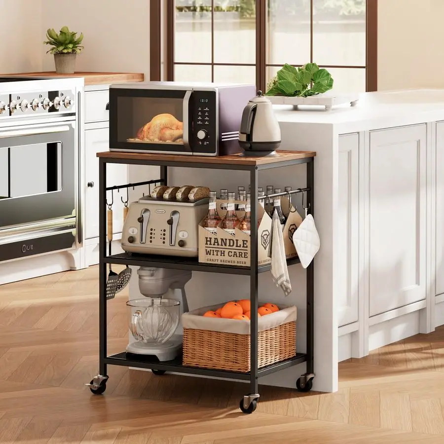 

Rolling Kitchen Microwave Cart, Kitchen Utility Cart on Lockable Wheels, Coffee Bar Table Station with 6 SShaped Hooks, Small Ap