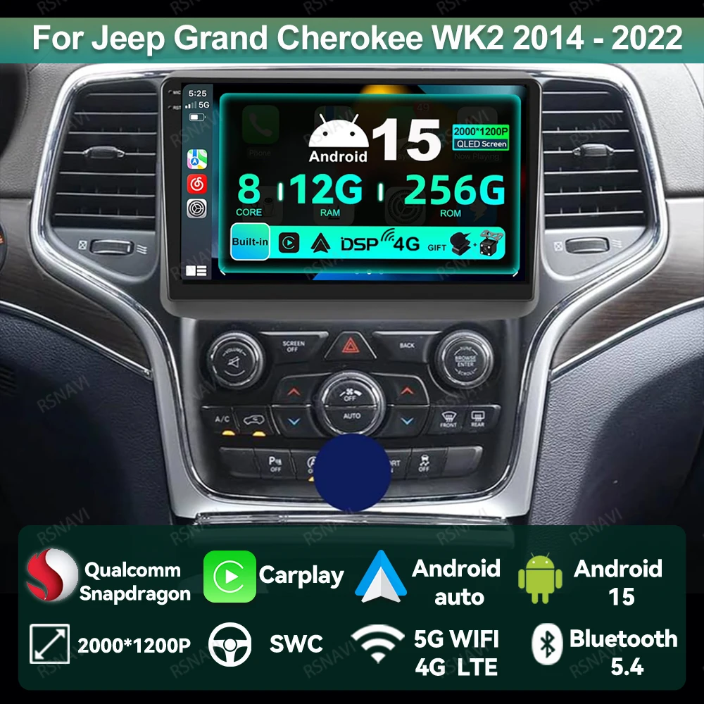 

Car Radio Android 15 For Jeep Grand Cherokee WK2 2014 - 2022 BT QLED DSP Head Unit GPS Wireless Carplay Auto DVD Navigation