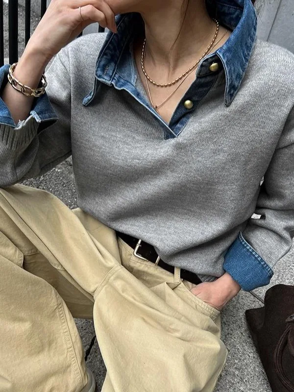 Lente nieuwe collectie losse dames gebreide trui denim patchwork nep tweedelige kraag faionable veelzijdig ontwerp