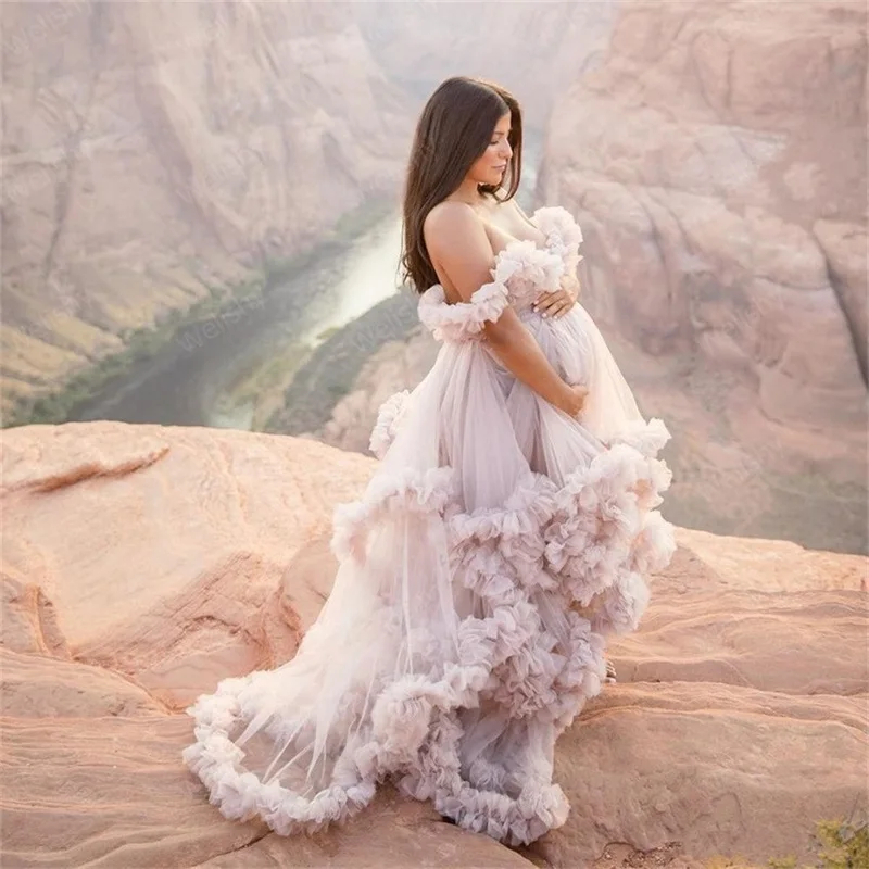 Ruffles Tulle Maternity Dresses For Photoshot Pregnant Evening Dress Sleeveless Plus Size Sheer Prom Gown Sleepwear Robe